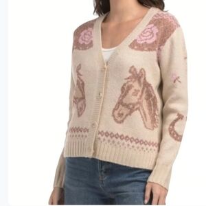 Anthropologie Haute Hippie Cream and Pink Horse Cardigan